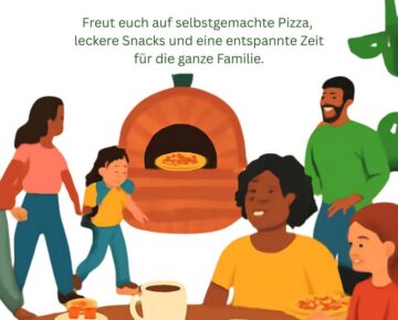 Ein Plakat auf Deutsch wirbt für eine Familienveranstaltung namens „Zeugniscafé und Pizza“ am 8. Juli 2026 um 9:45 Uhr mit hausgemachter Pizza, Snacks und einer entspannten Atmosphäre. Das Plakat zeigt illustrierte Familien, Pizza und die Logos der Veranstalter.