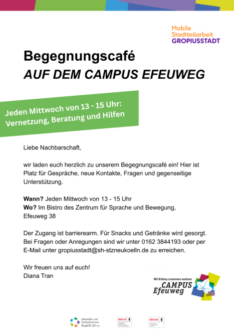 Der Flyer für das Begegnungscafé auf dem Campus Efeuweg kündigt wöchentliche Treffen mittwochs von 13 bis 15 Uhr zum Netzwerken, zur Beratung und zur Hilfe an, mit kostenlosen Snacks und Getränken, barrierefreiem Zugang sowie Kontaktdaten am Ende des Flyers.