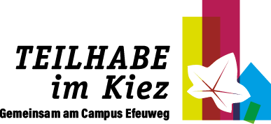 Logo für TEILHABE im Kiez – Gemeinsam am Campus Efeuweg mit einem stilisierten Efeublatt und bunten geometrischen Formen.