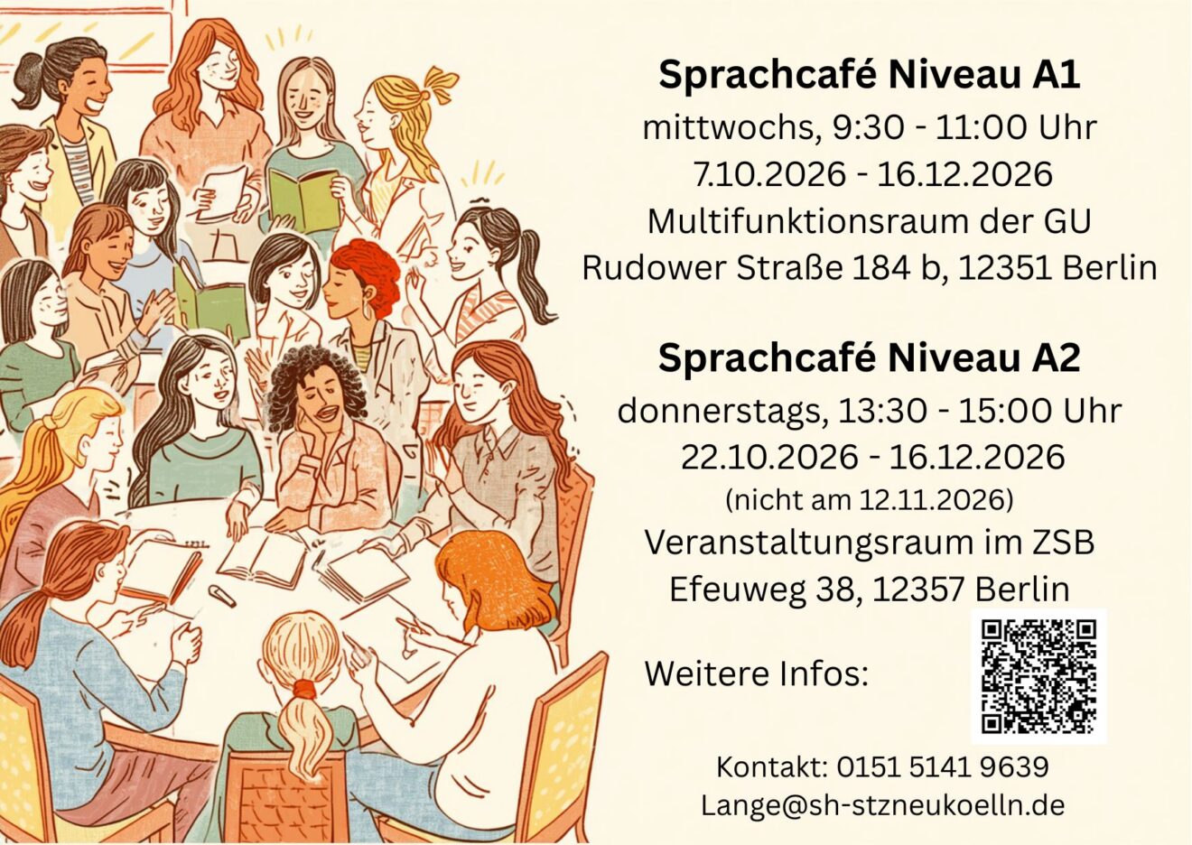 Flyer mit Informationen zu Deutsch-Konversationsrunden der Stufen A1 und A2 in Berlin, auf dem Frauen abgebildet sind, die um einen Tisch sitzen, sich unterhalten und lachen, sowie mit Veranstaltungsterminen, Uhrzeiten, Orten und Kontaktdaten auf Deutsch.