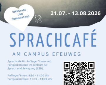 Plakat für das Sprachcafé am Campus Efeuweg, das für Sprachcafé-Treffen für Anfänger und Fortgeschrittene vom 21. Juli bis zum 13. August 2026 dienstags und donnerstags wirbt, mit den Terminen und einem QR-Code für weitere Informationen.