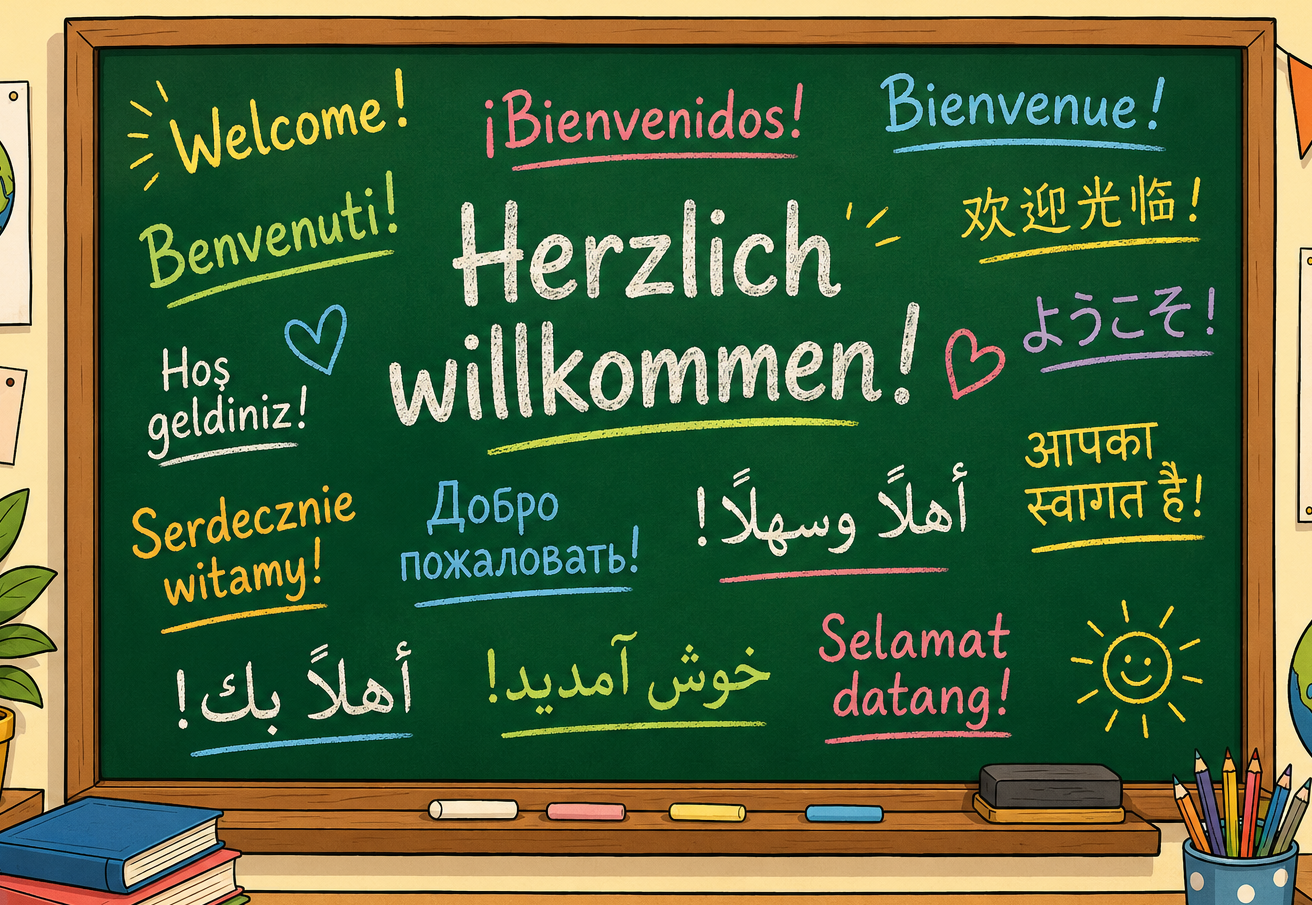Auf einer Klassenzimmertafel steht der Schriftzug „Willkommen“ in mehreren Sprachen, geschrieben mit bunter Kreide; um die Tafel herum sind Bücher, Pflanzen und andere Gegenstände aus dem Klassenzimmer zu sehen.
