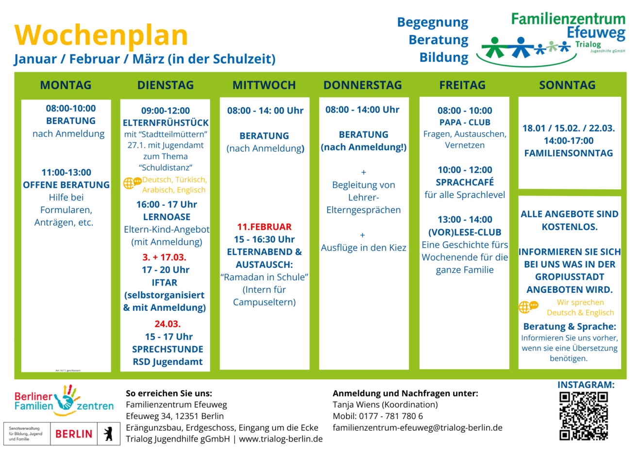 Terminplakat für das Familienzentrum Familienzentrum Elsenweg mit wöchentlichen Veranstaltungen und Sprechzeiten von Januar bis März. Farblich gekennzeichneter Kalender mit Informationen für jeden Wochentag, Kontaktinformationen und Partnerlogos am unteren Rand.