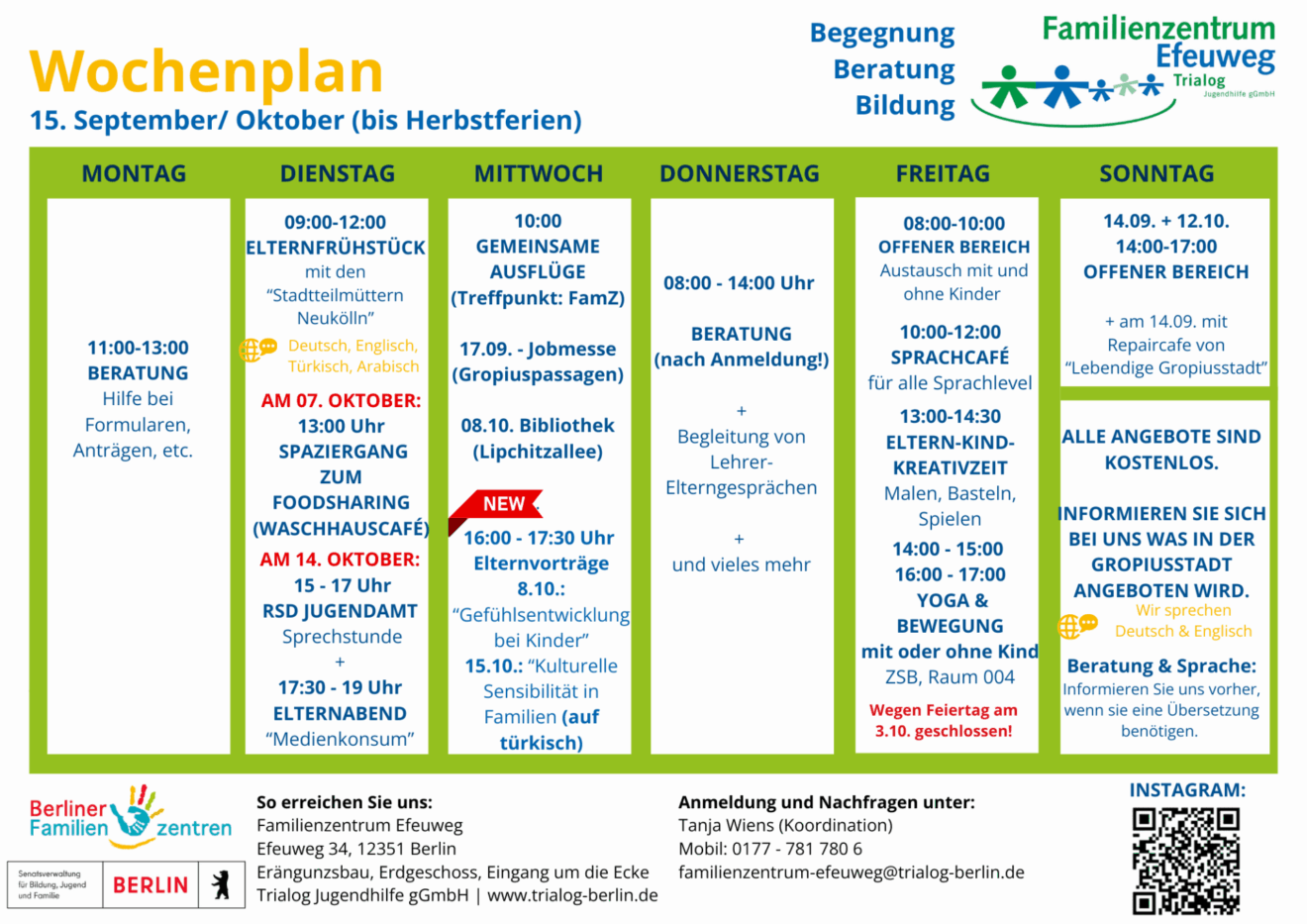 Wochenplan des Familienzentrums Efeuweg mit Aktivitäten von Montag bis Sonntag, einschließlich Sprechstunden, Gruppenaktivitäten, Ausflügen, offenen Treffen und Kontaktinformationen. Für jeden Tag sind Datum und Uhrzeit angegeben.